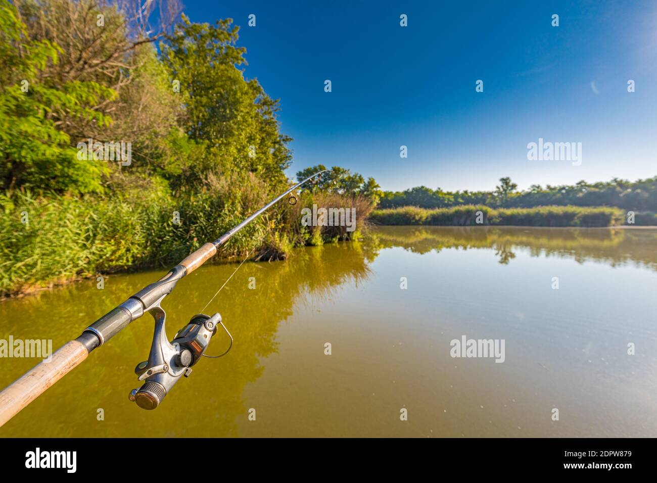 Canna da pesca sul paesaggio soleggiato del lago, cielo blu della foresta. Idilliaco sport all'aperto o attività ricreative. Relax nella natura. Calma acqua del lago Foto Stock