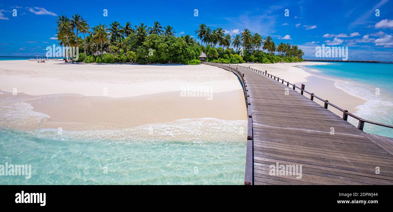 Maldive isola spiaggia. Paesaggio tropicale di paesaggi estivi, sabbia bianca con palme. Destinazione turistica di lusso. Paesaggio esotico della spiaggia Foto Stock