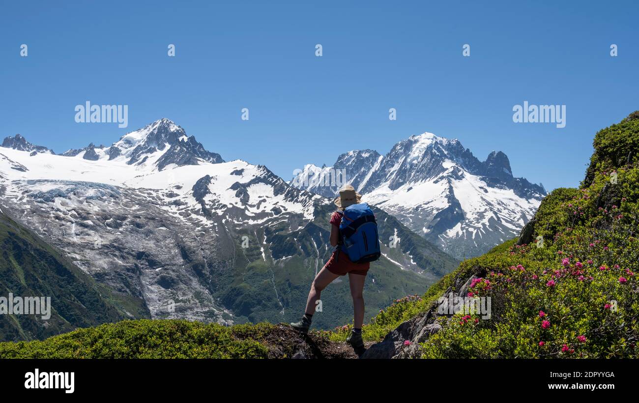 Escursionista guardando in lontananza, panorama di montagna da Aiguillette des Posettes, a sinistra cima di Aiguille Verte (a destra) Aiguille du Midi e Mont Foto Stock