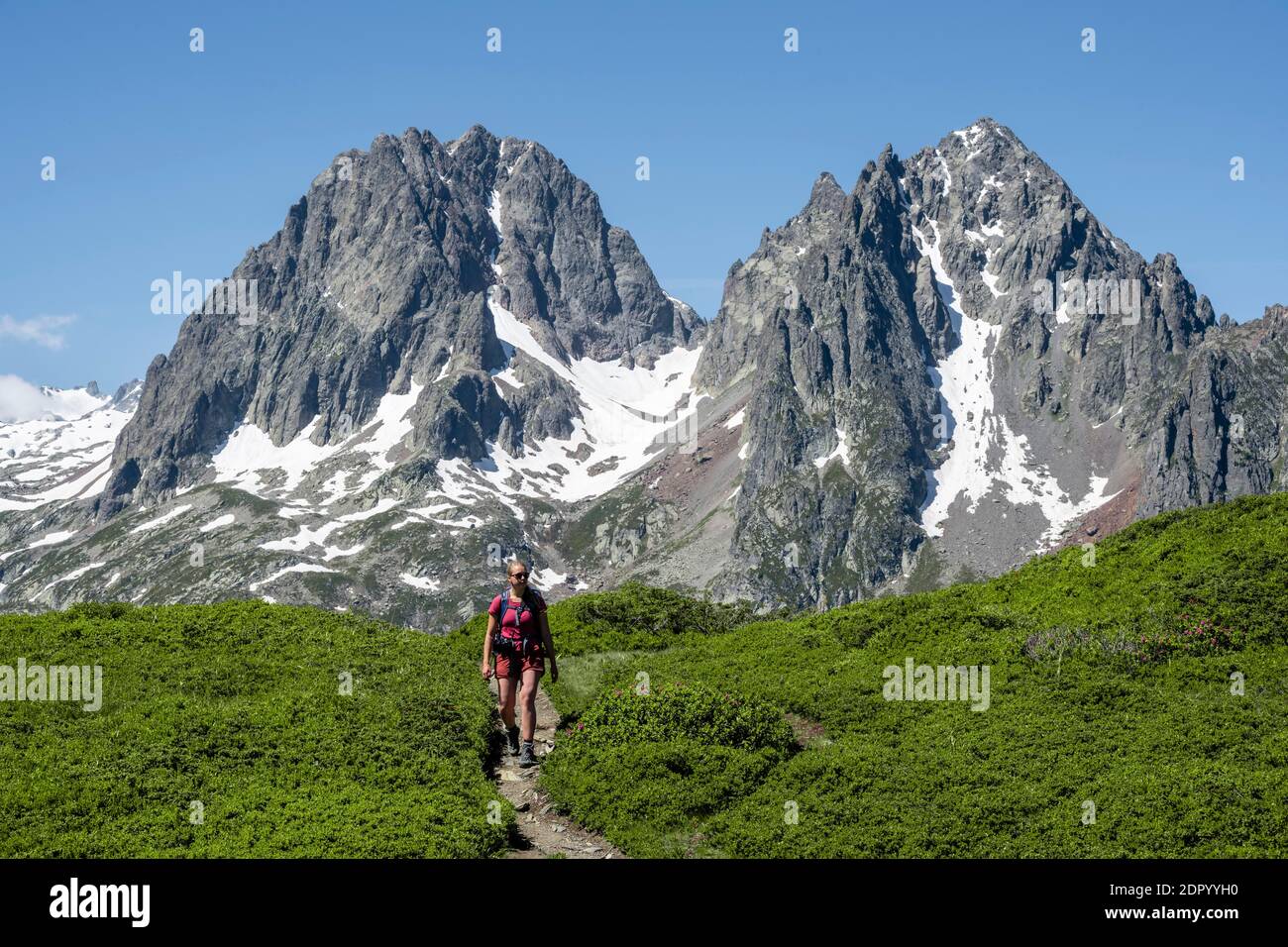 Escursionista sul sentiero Aiguillette des Posettes, dietro la cima di Aiguille du Belvedere e Aoguille de la Floria, Chamonix, alta Savoia, Francia Foto Stock