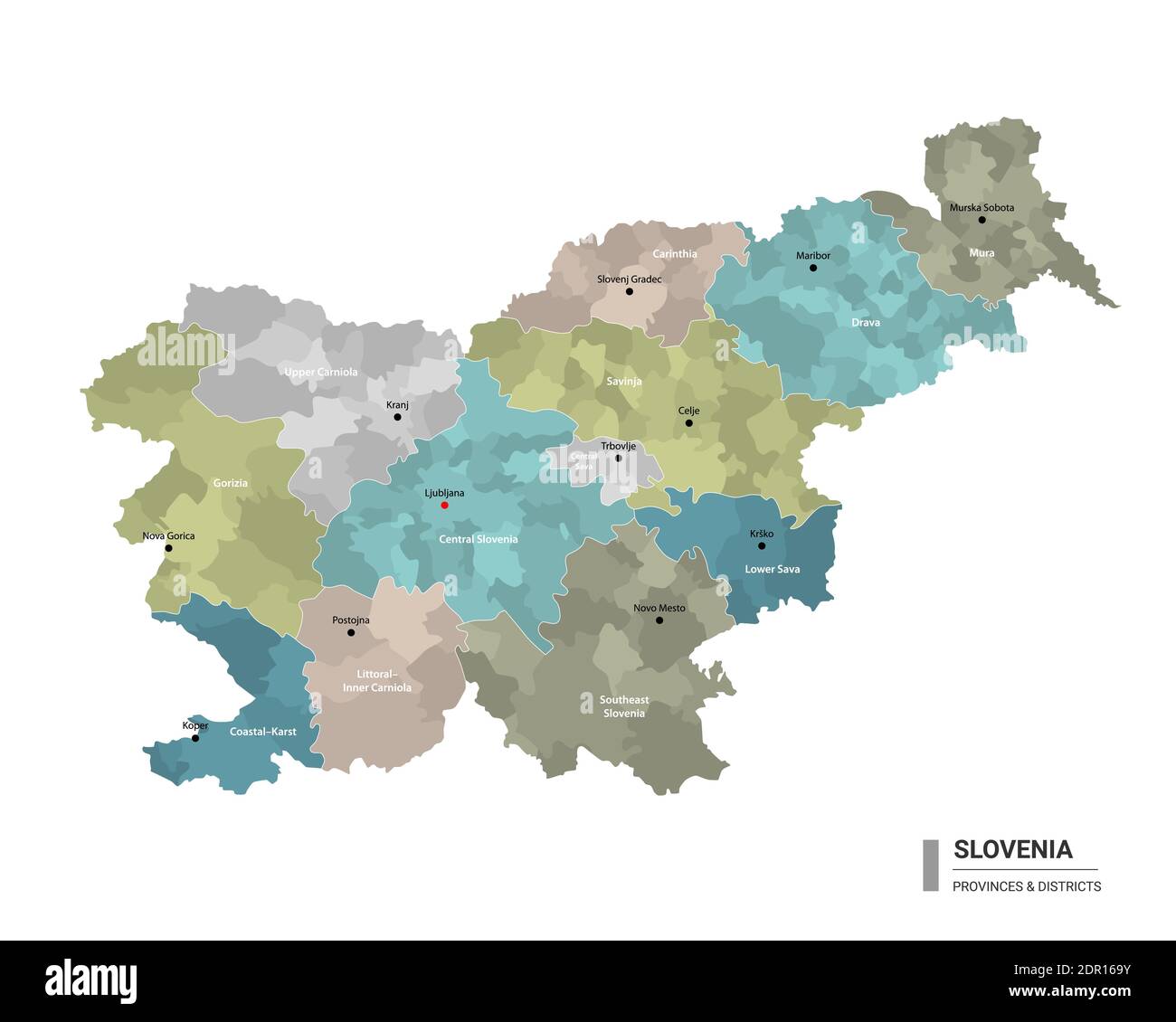 La Slovenia ha una mappa dettagliata con suddivisioni. Mappa amministrativa della Slovenia con il nome dei distretti e delle città, colorata per stati e per la posizione amministrativa Illustrazione Vettoriale