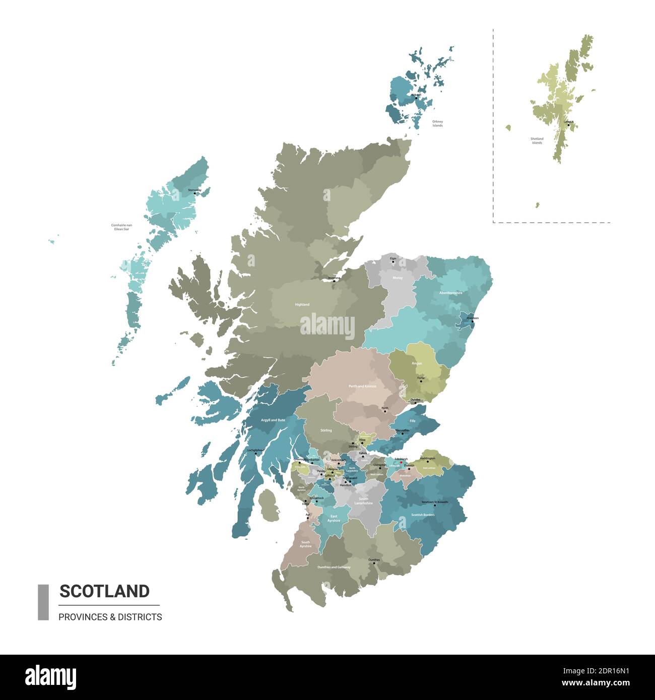 Scozia higt mappa dettagliata con suddivisioni. Mappa amministrativa della Scozia con il nome dei distretti e delle città, colorata dagli stati e dal dist amministrativo Illustrazione Vettoriale