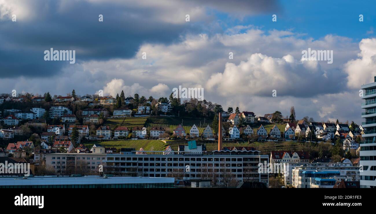 7 marzo 2020, Stoccarda, Germania - Mönchhalde, distretto di Releberg di Stoccarda, colorata regione vinicola nel sud della Germania. Germania, Bad Foto Stock