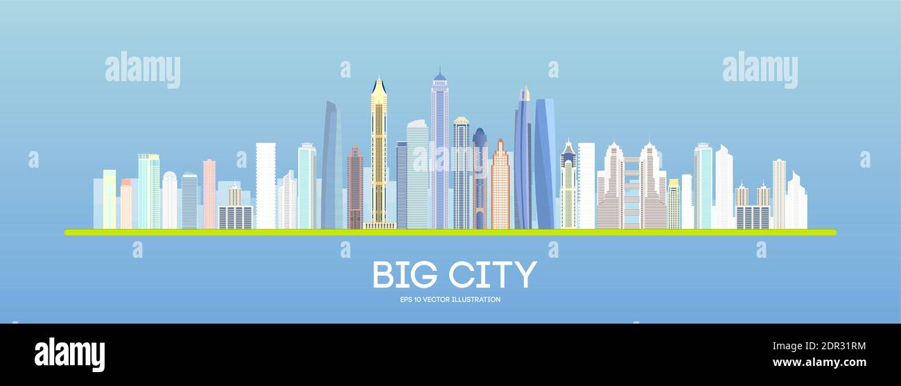 Vettore di piana city design edilizia. Urban Skyline cityscape. Il paesaggio della città con alti grattacieli. Illustrazione Vettoriale. EPS 10 Illustrazione Vettoriale