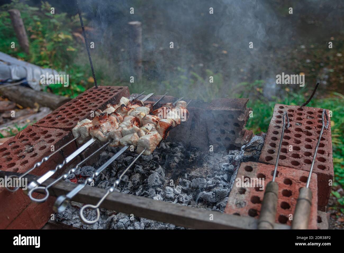 Carne, maiale su spiedini, kebab. Grigliata su carbone. Foto di alta qualità Foto Stock