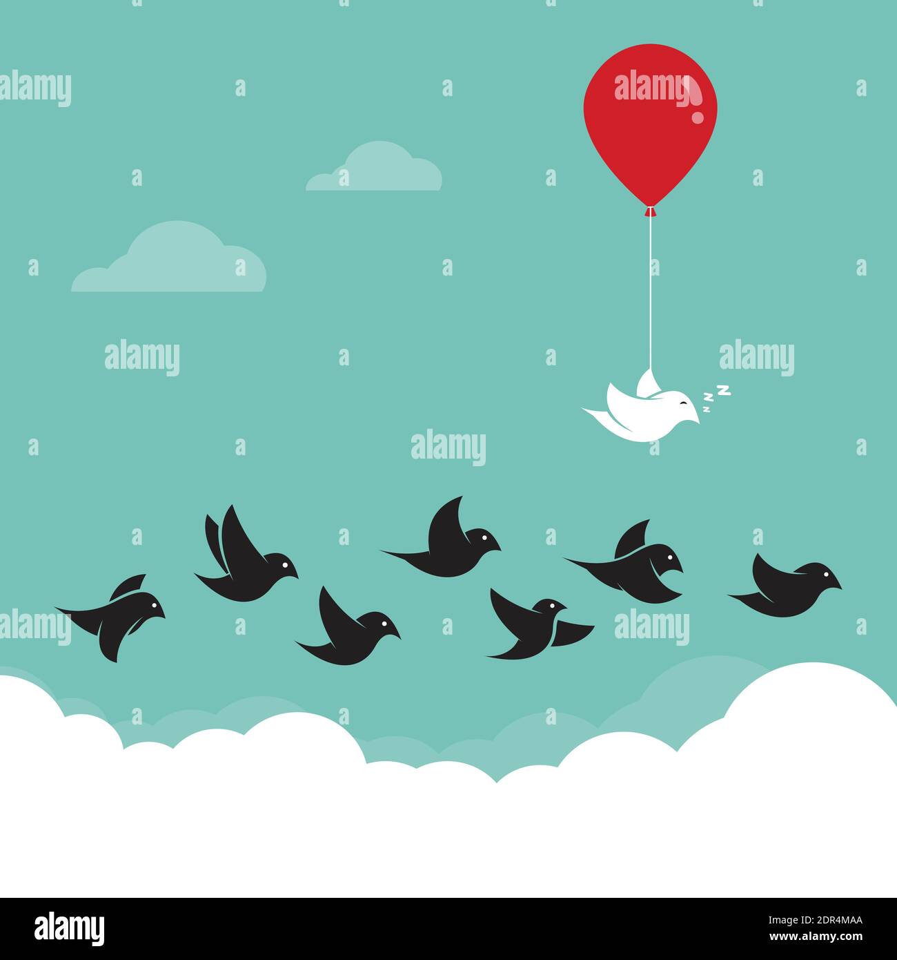 Uccelli che volano nel cielo e palloncini rossi. Concept creativo. Illustrazione vettoriale a livelli facilmente modificabile. Illustrazione Vettoriale