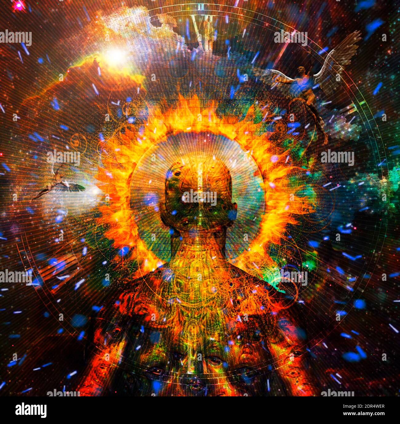 Figura dell'uomo con gli occhi demoniaci strani sulla sua pelle si trova davanti all'universo vivido. Gli uomini nudi con le ali simboleggiano gli angeli. Rendering 3D Foto Stock