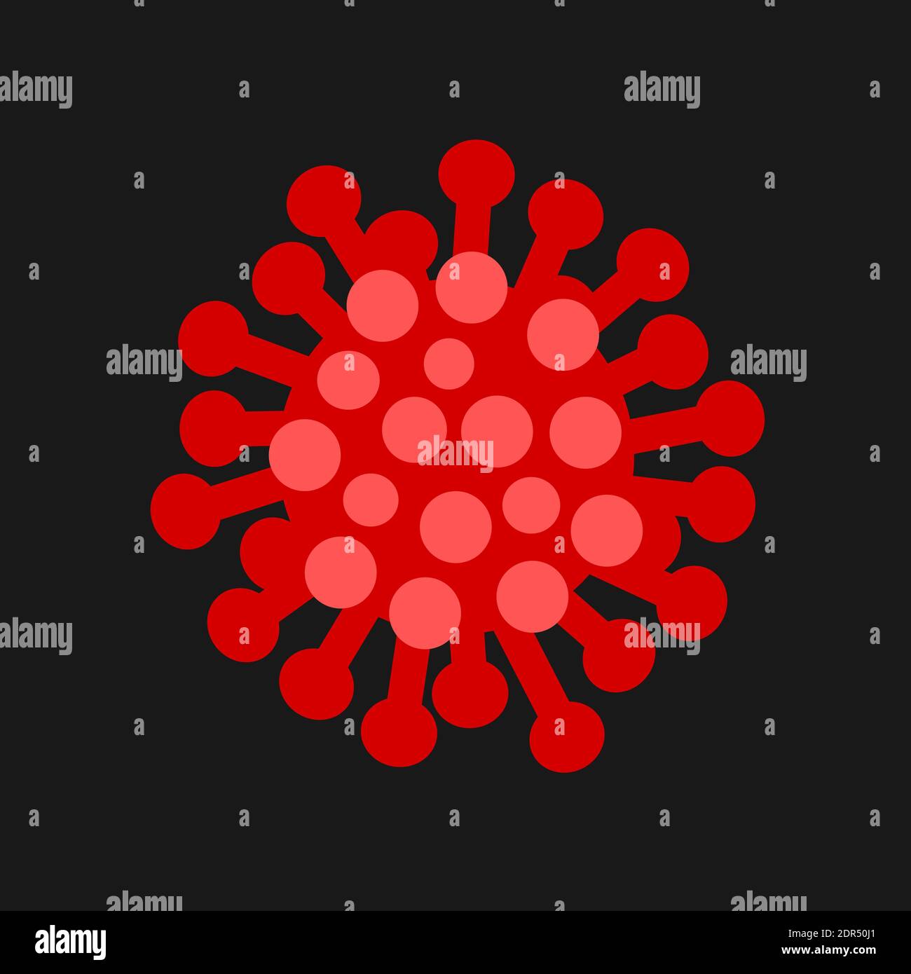 Virione - particella microscopica di virus. Microrganismo rosso e organismo. Illustrazione vettoriale isolata in nero. Foto Stock
