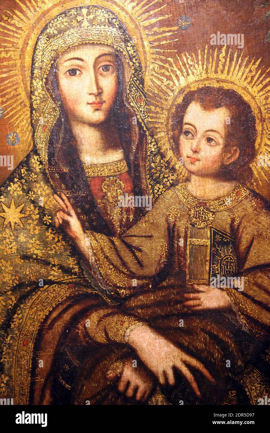 Pittura peruviana di Madonna e Bambino Foto Stock