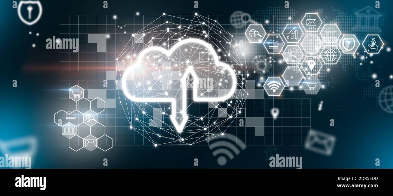 L'icona del cloud come concetto di cloud computing, connettività tecnologica. Protezione DDoS Denial of Service Security. Sicurezza di fronte a un attac DDoS Foto Stock