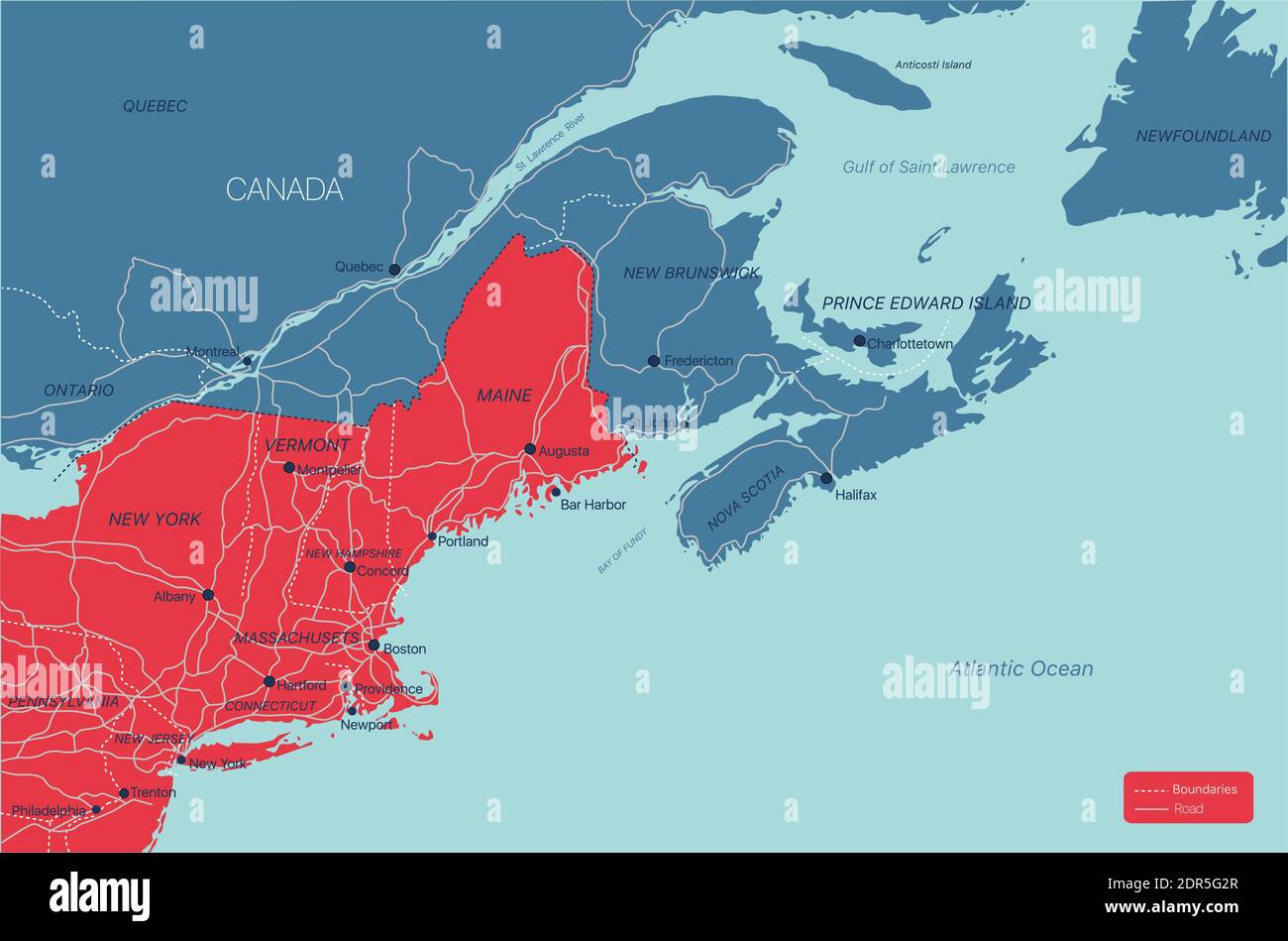 Regione del New England Mappa dettagliata modificabile con città e città, siti geografici, strade, ferrovie, interstatali e autostrade degli Stati Uniti. File vettoriale EPS-10, Illustrazione Vettoriale