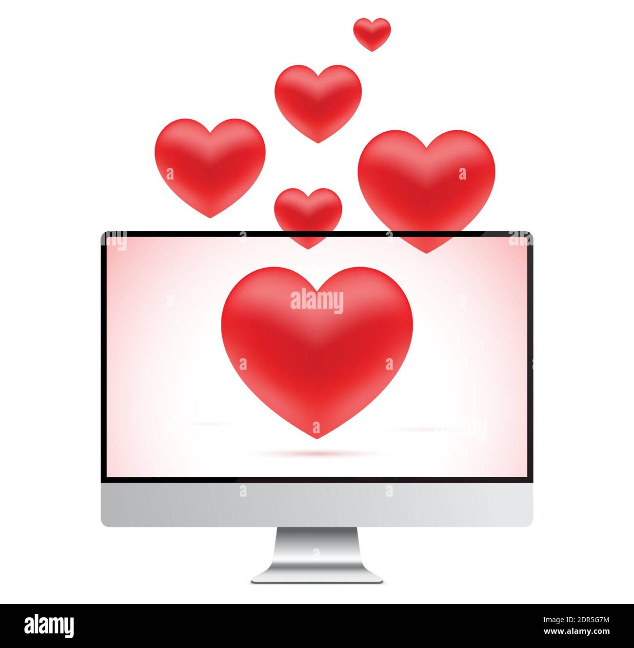 Concetto di messaggio romantico, con cuori rossi che volano fuori da uno schermo del personal computer. Illustrazione vettoriale per giorno di San Valentino, o decorazione di disegno di relazioni d'amore. Illustrazione Vettoriale