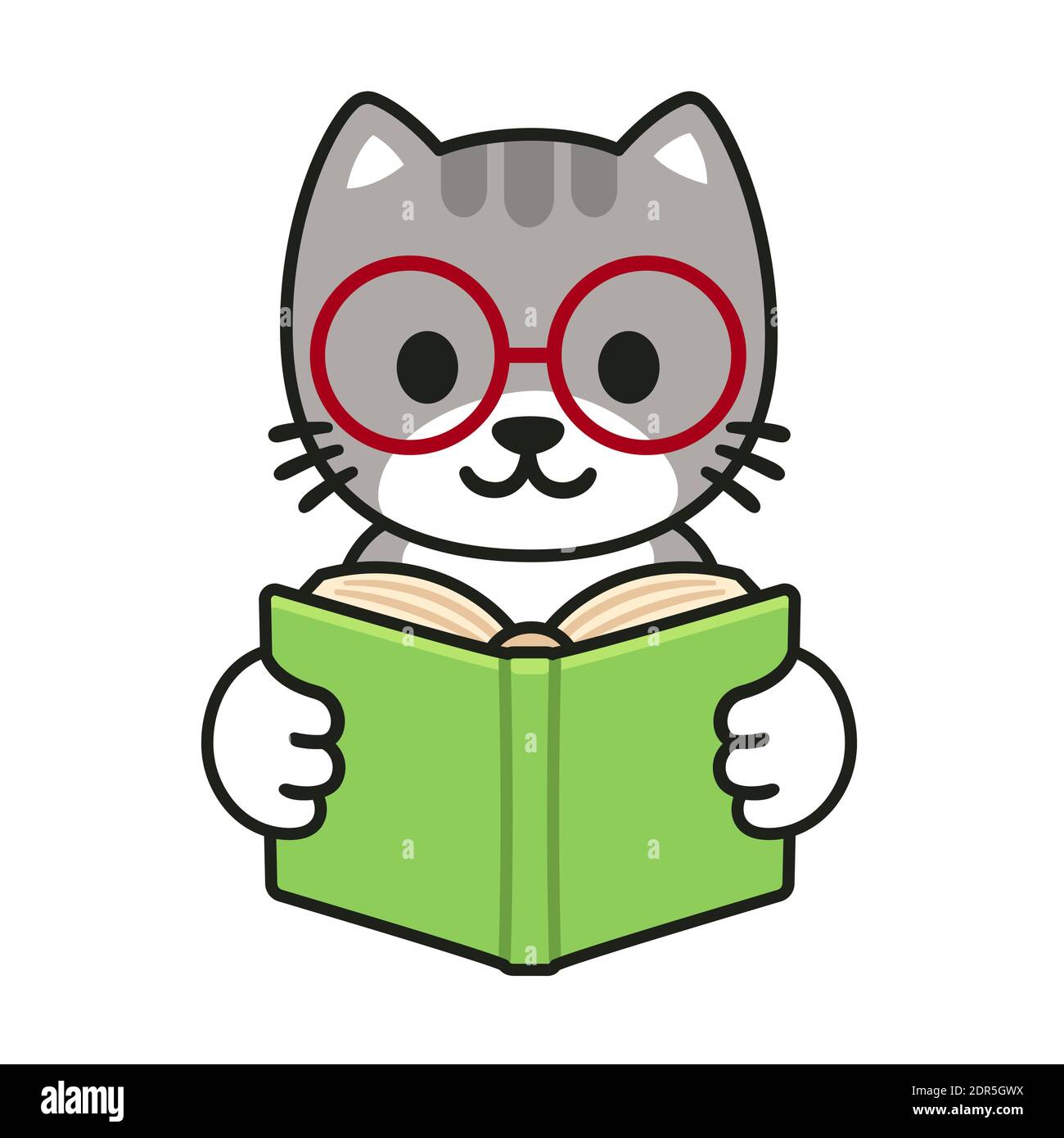 Carino gatto cartoon in occhiali leggere un libro. Adorabile illustrazione per bambini, isolato vettore clip art. Illustrazione Vettoriale
