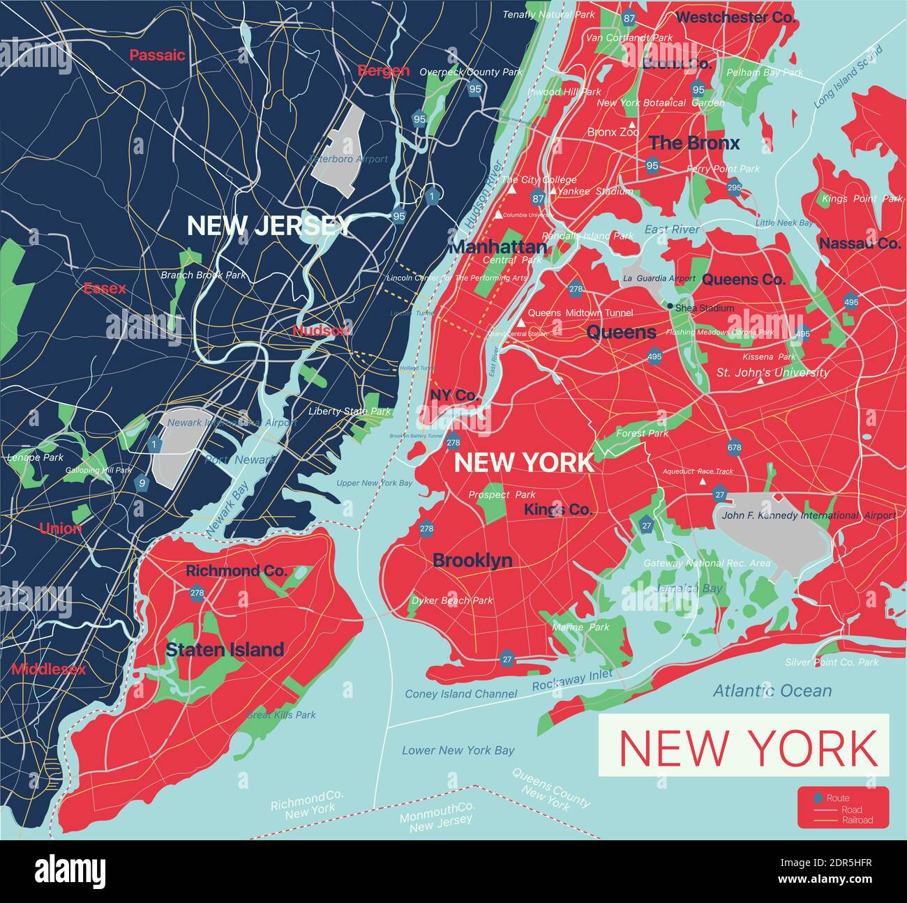 New York mappa dettagliata modificabile con città e città, siti geografici, strade, ferrovie, interstatali e autostrade degli Stati Uniti. File vettoriale EPS-10, trend Illustrazione Vettoriale