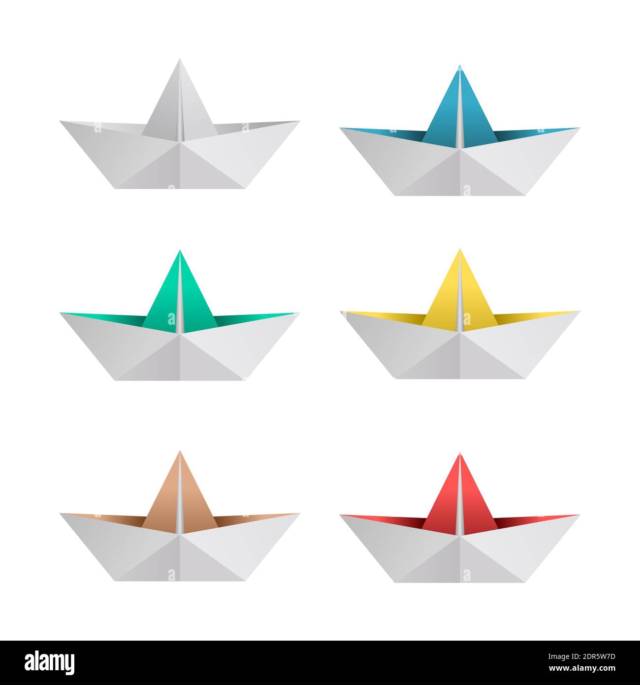 Set di barche di carta. Imbarcazione di carta Origami. Raccolta di sei barche di carta ripiegate. Nave di artigianato di carta. Colori diversi. Isolato su sfondo bianco. Vettore Illustrazione Vettoriale