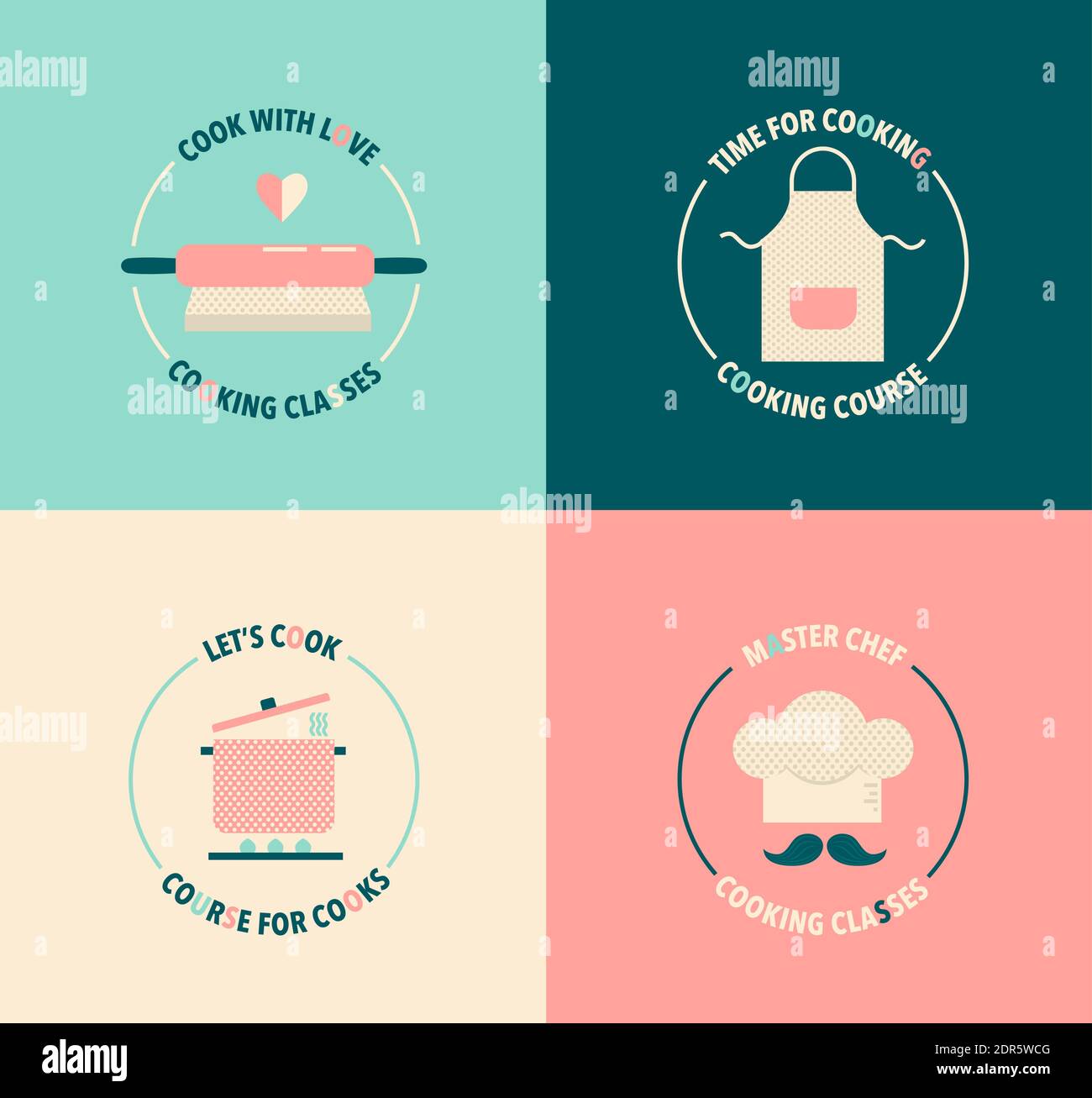 Set di logo vintage per lezioni di cucina, corsi. Illustrazione Vettoriale