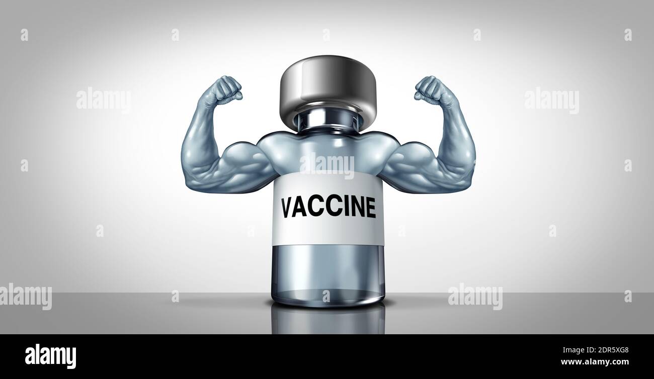 Vaccine Power simbolo come flacone di medicina per salvare la vita la vacanza di un'infezione da virus pericolosa come coronavirus o covid-19 e l'influenza o il fl Foto Stock