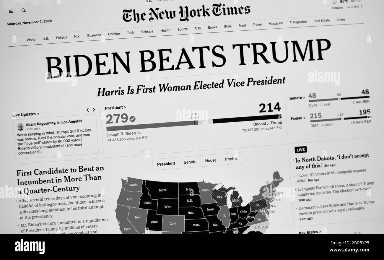 Un computer screenshot del sito web del New York Times il 7 novembre 2020, dichiarando che Joe Biden ha battuto Donald Trump nelle elezioni presidenziali degli Stati Uniti. Foto Stock