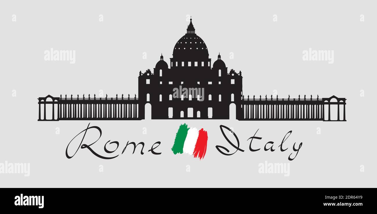 Roma viaggio Landark Cattedrale di San Pietro. Icona della silhouette quadrata di Piazza San Pietro con scritta a mano Roma Italia e bandiera italiana Illustrazione Vettoriale