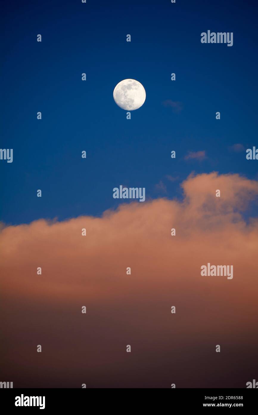 Luna in cielo blu con nuvole bianche, cielo blu, spazio vuoto, cielo Foto Stock