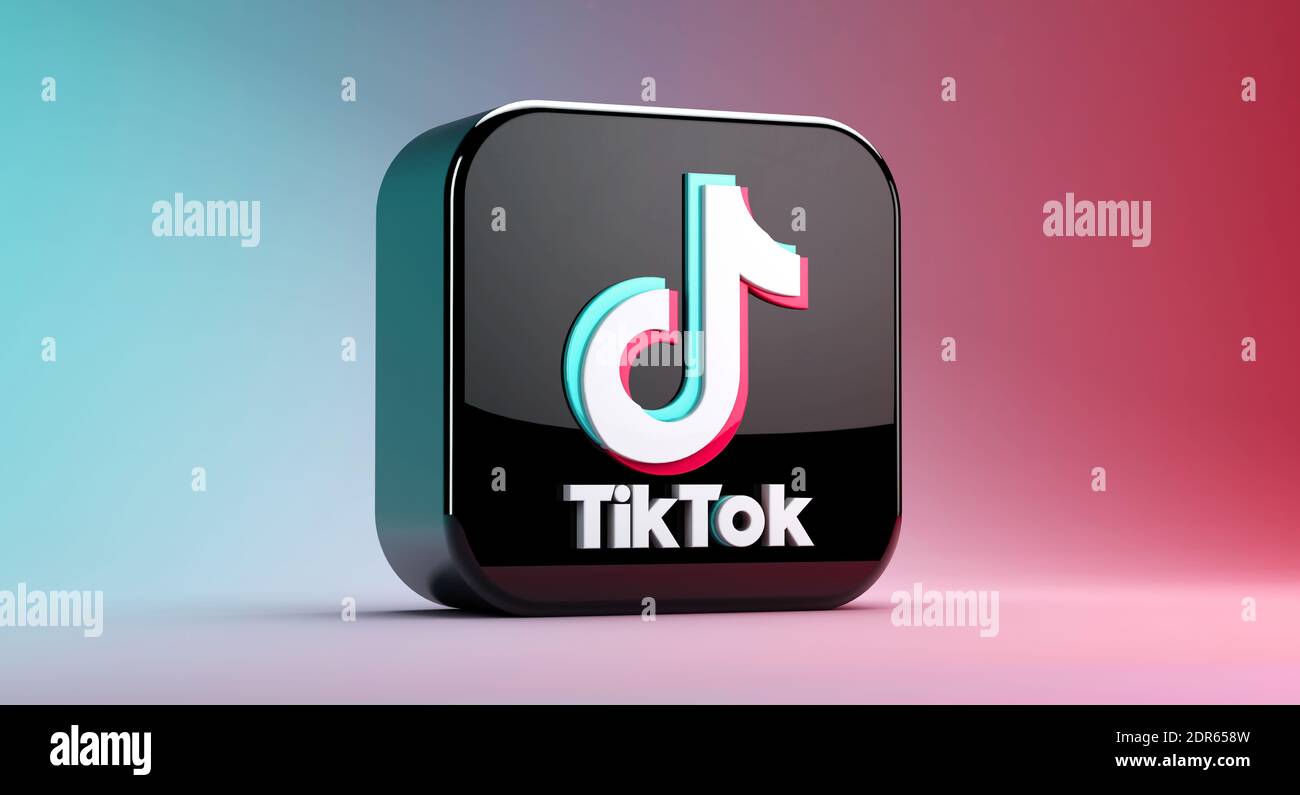 Valencia, Spagna, dicembre 2020: Rendering 3D dell'icona dell'app TikTok isolata su uno sfondo blu e rosso. Modello di primo piano delle applicazioni Tik Tok Foto Stock