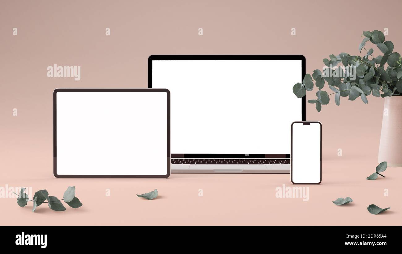 Modello minimalista di notebook, tablet e telefono con foglie di eucalipto. Concetto di modello di dispositivi eleganti Foto Stock
