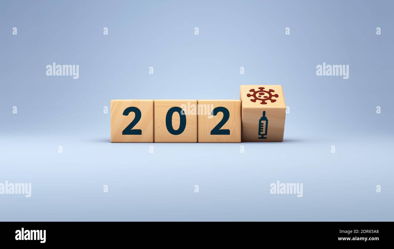 rendering 3d del nuovo anno 2021 e concetto di vaccino covid in cubetti di legno Foto Stock