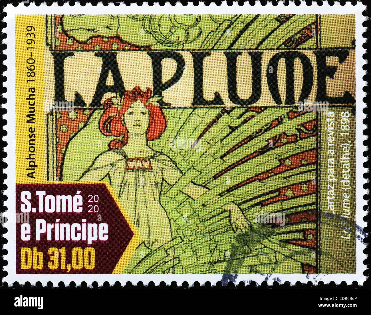 Copertina della rivista dipinta da Alfons Mucha su francobollo Foto Stock