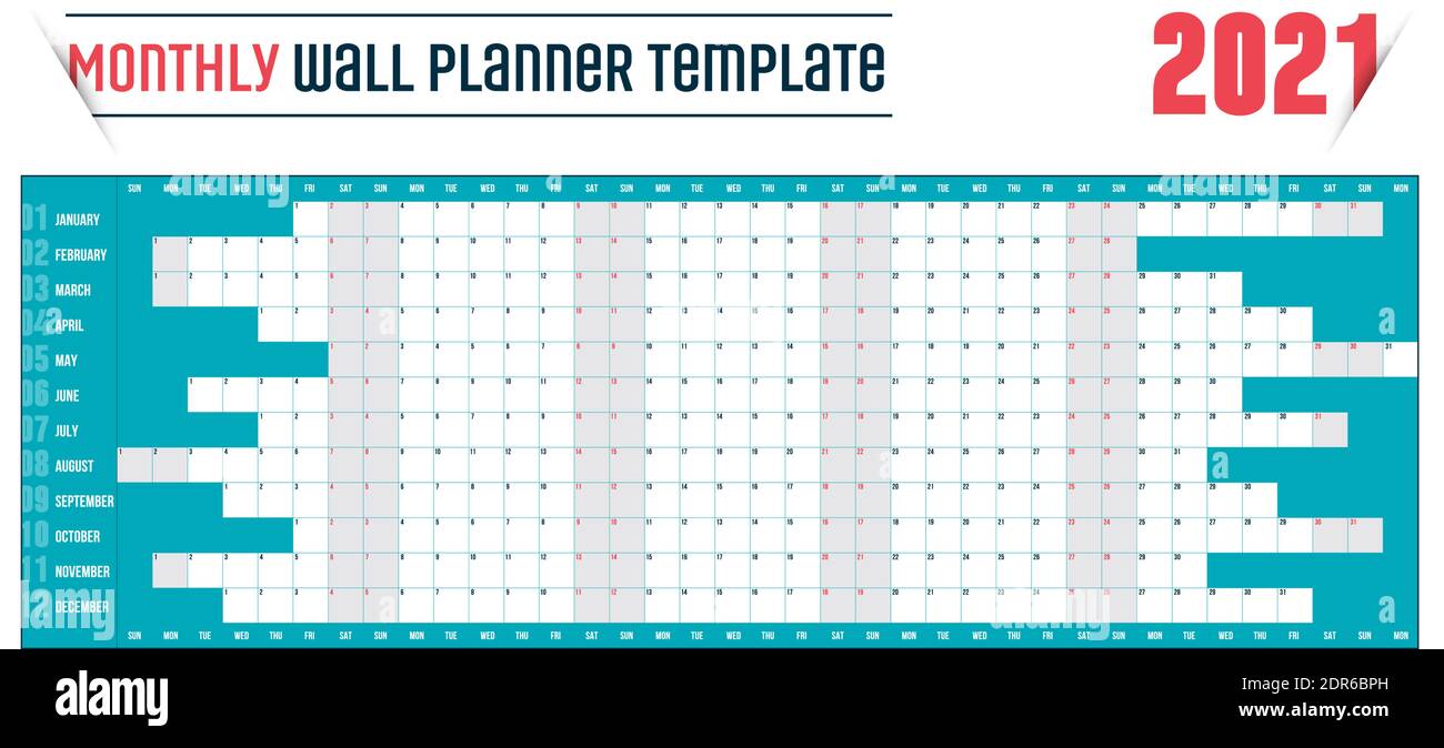 Modello annuale di pianificazione del calendario delle pareti per l'anno 2021. Modello di stampa disegno vettoriale. La settimana inizia lunedì. Illustrazione vettoriale dello stock isolata Illustrazione Vettoriale