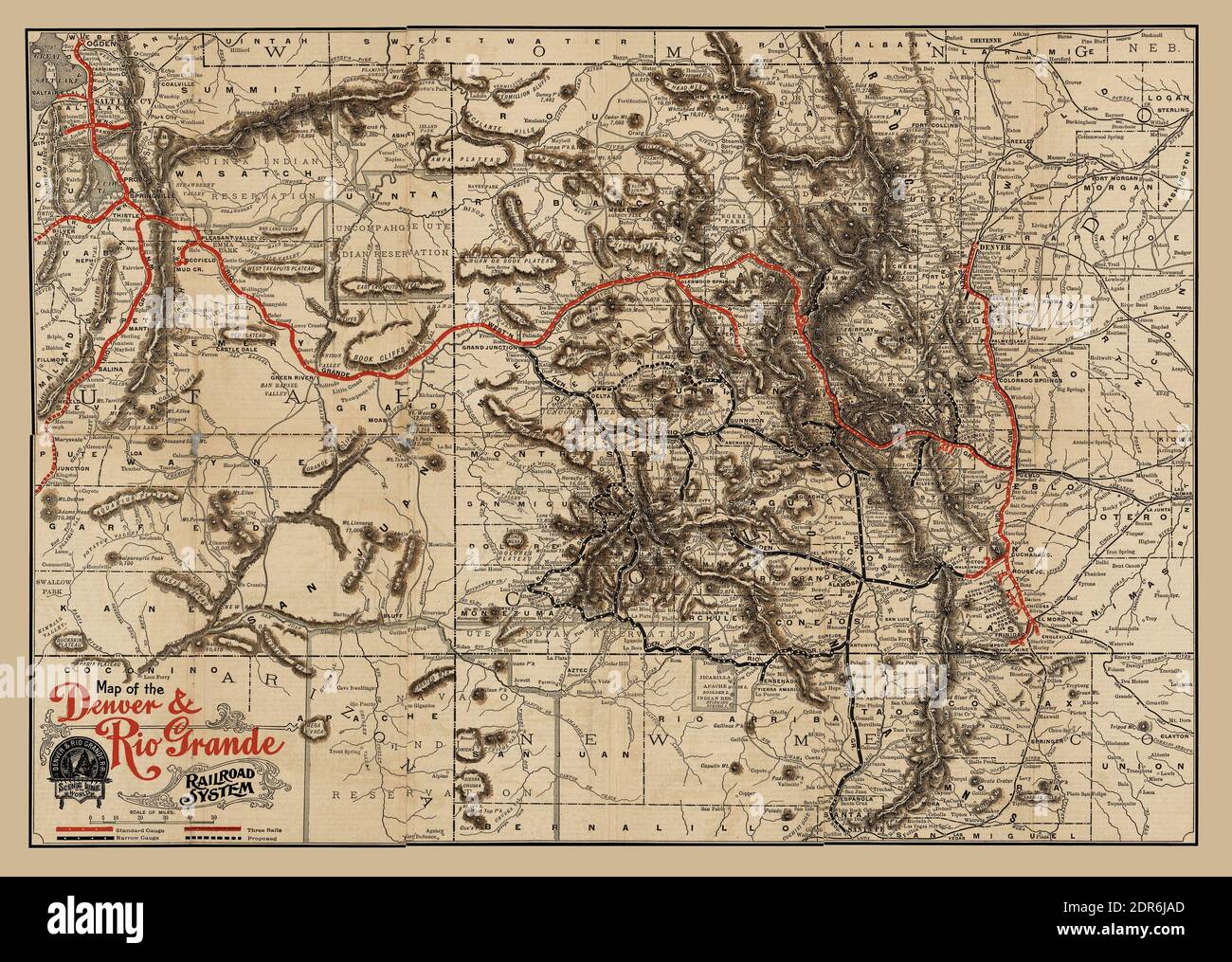 Denver e Rio Grande Railroad System 1896 Mappa antica. Si tratta di una riproduzione di mappe storiche splendidamente dettagliata. Fu pubblicato nel 1896. Mostra ferrovie, fiumi, laghi, città e altri luoghi di interesse. Essa mostra i diversi indicatori utilizzati dalla ferrovia alla fine del 19 ° secolo. La mappa mostra il terreno difficile e montuoso che ha sfidato i costruttori ferroviari. Foto Stock