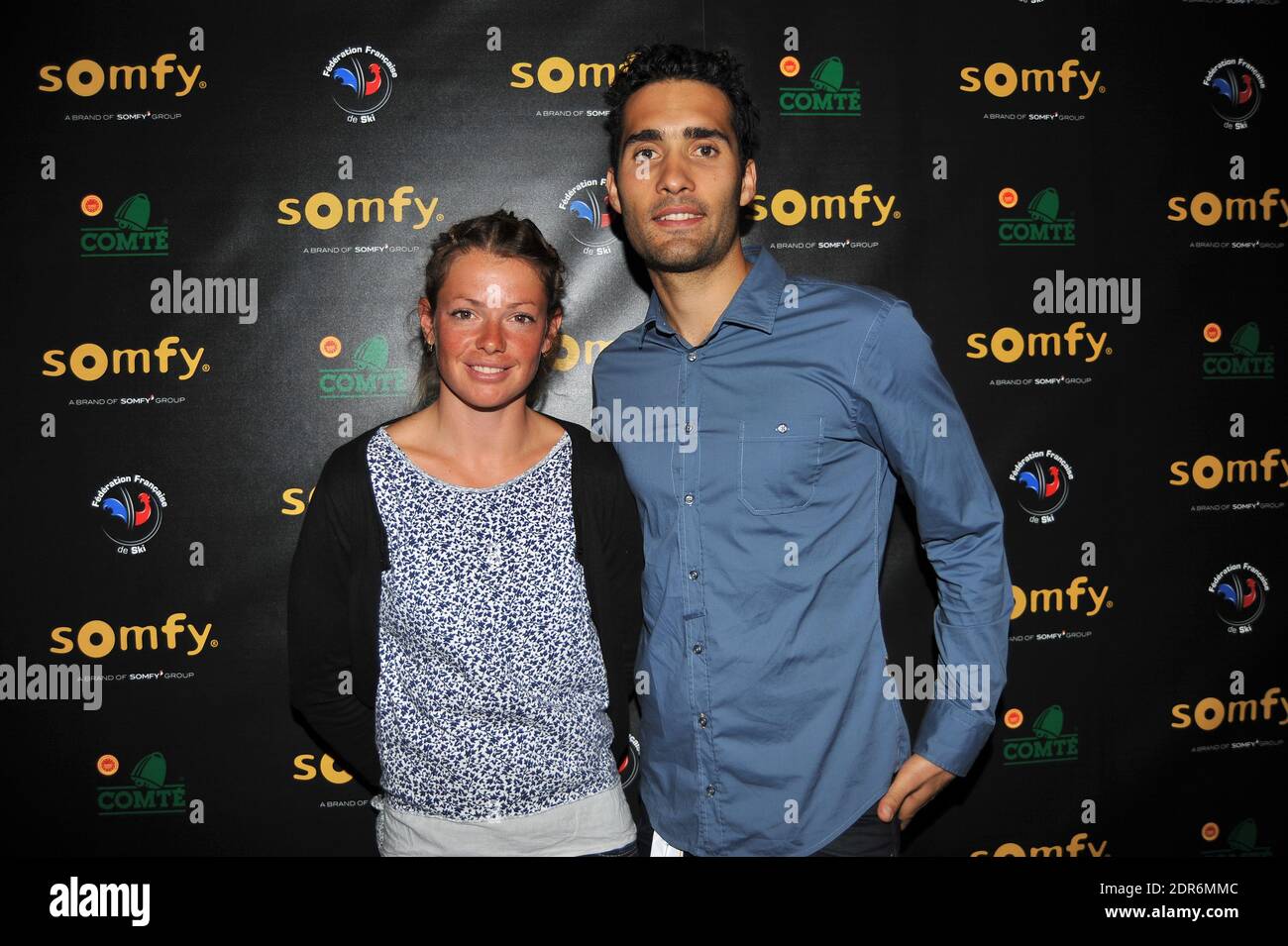 Martin Fourcade e Marie Dorin Habert partecipano all'evento Somfy tenutosi presso l'Espace 56, Tour Montparnasse a Parigi, Francia, il 4 ottobre 2015. Foto di Thierry Plessis/ABACAPRESS.COM Foto Stock