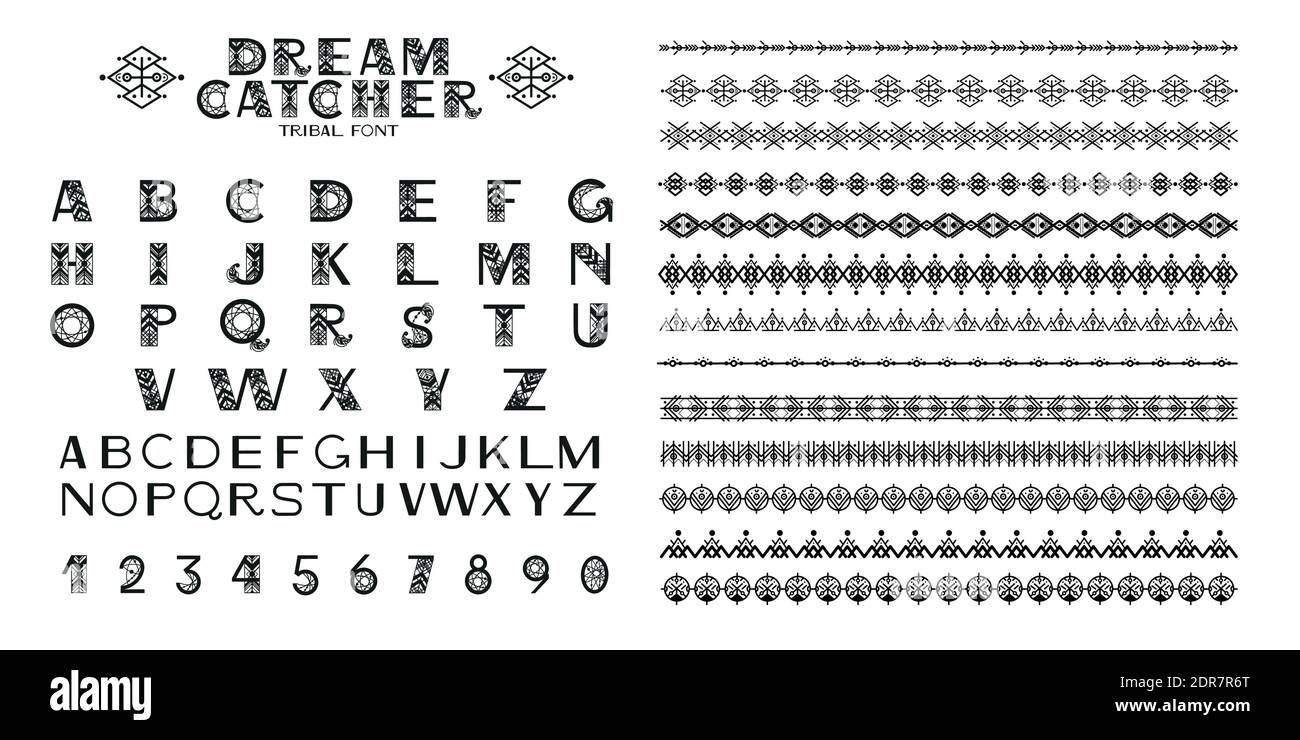 Alfabeto tribale e ornamenti. Lettere e simboli in stile etnico geometrico. Aztec e nativo americano tessuto stile. Illustrazione vettoriale Illustrazione Vettoriale
