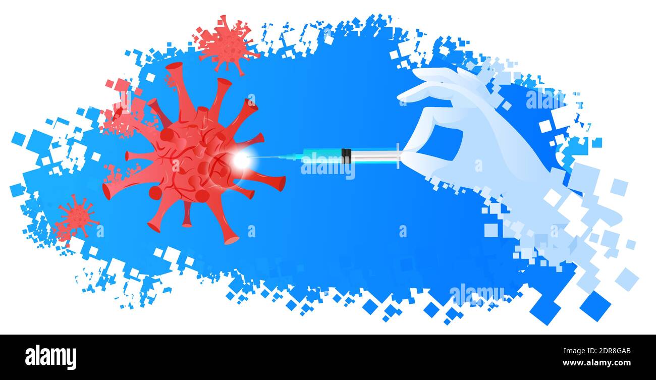 cellule del virus dell'influenza rossa e siringa con lotta al vaccino del coronavirus rispetto a covid-19 concept illustrazione vettoriale orizzontale Illustrazione Vettoriale