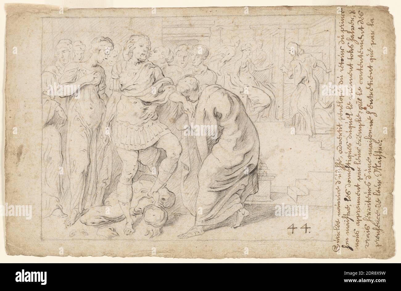 Artista: Theodore van Thulden, fiammingo, 1606–1669, dopo: Francesco Primaticcio, italiano, 1504–1570, Ulisse riceve l'omaggio delle fedeli Serving-Women, ca. 1632, gesso nero, foglio: 17.8 × 30.5 cm (7 × 12 in.); incorniciato: 39.37 × 52.07 cm (15 1/2 × 20 1/2 in.), è uno degli studi preparatori di Teodoro van Thulden per il suo set di stampe dopo gli affreschi di Francesco Primaticcio nella Galleria degli Ulisse a Fontainebleau, che è stato pubblicato in più edizioni da diversi editori tra il 1633 e il 1640. Questo disegno raffigura tre episodi del ritorno a casa di Ulisse Foto Stock