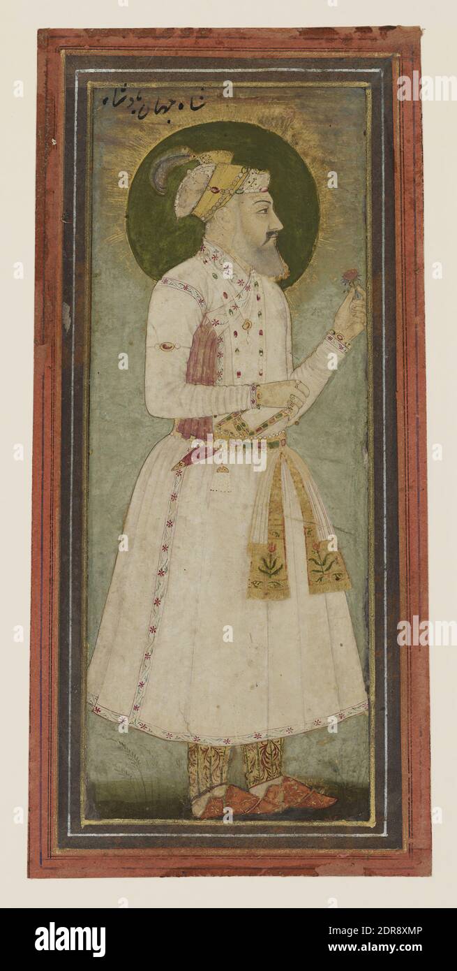 Ritratto dell'imperatore Shah Jahan (1592–1666), XVIII secolo, acquerello opaco e oro su carta, 5 9/16 × 2 5/16 pollici. (14.2 × 5.8 cm), meglio conosciuto oggi per la messa in servizio del leggendario Taj Mahal come tomba per sua moglie, Shah Jahan è mostrato in questo lavoro postumo che tiene una rosa e in piedi in un prato al tramonto. , India, India, Islamica, dinastia Mughal (1526–1857), dipinti Foto Stock
