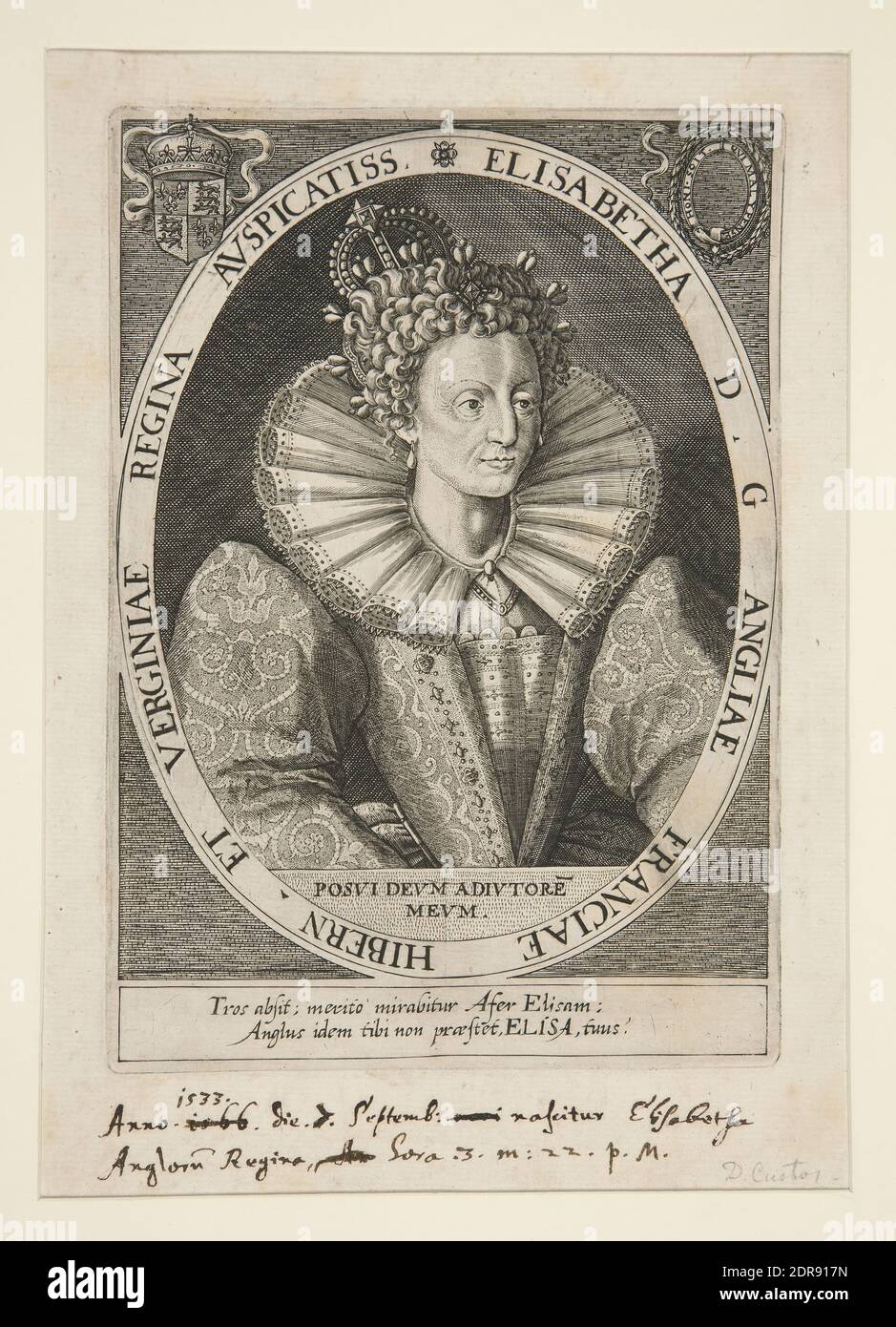 Incisore: Dominicus Custos, fiammingo, dopo il 1550–1612, dopo: Simon [van] de Passe, olandese, 1595–1647, Elisabetta, fine XVI–inizio XVII secolo, incisione, platemark: 16.9 × 11.9 cm (6 5/8 × 4 11/16 in.), Made in Fiandre, Fiandre, XVI secolo, opere su carta - stampe Foto Stock