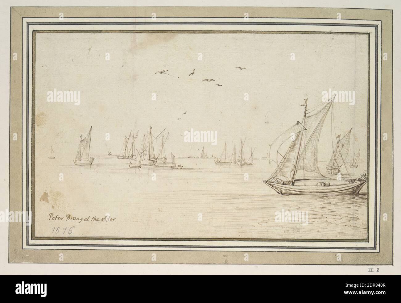 Artista: Jan Brueghel il Vecchio, Fiammingo, 1568–1625, Barche a vela, una città in lontananza, penna e inchiostro marrone su resti di disegno preliminare in gesso nero o grafite, foglio: 11.8 × 19.1 cm (4 5/8 × 7 1/2 in.), Made in Fiandre, Fiandre, 17 ° secolo, opere su carta - disegni e acquerelli Foto Stock