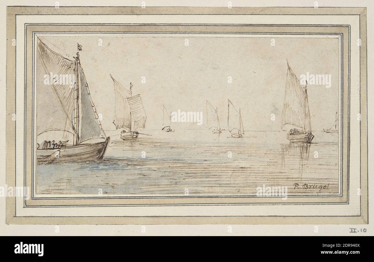 Dopo: Jan Brueghel il Vecchio, Fiammingo, 1568–1625, sette Barche a vela, penna e inchiostro marrone e lavaggio blu e grigio, foglio: 7.8 × 15 cm (3 1/16 × 5 7/8 pollici), Made in Fiandre, Fiandre, 17 ° secolo, opere su carta - disegni e acquerelli Foto Stock
