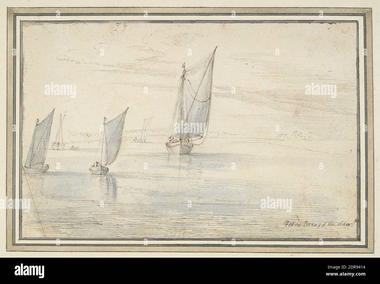 Dopo: Jan Brueghel il Vecchio, Fiammingo, 1568–1625, cinque Barche vela su un fiume, penna e inchiostro marrone e lavaggio blu, foglio: 11.9 × 18.5 cm (4 11/16 × 7 5/16 pollici), Made in Fiandre, Fiandre, 17 ° secolo, opere su carta - disegni e acquerelli Foto Stock