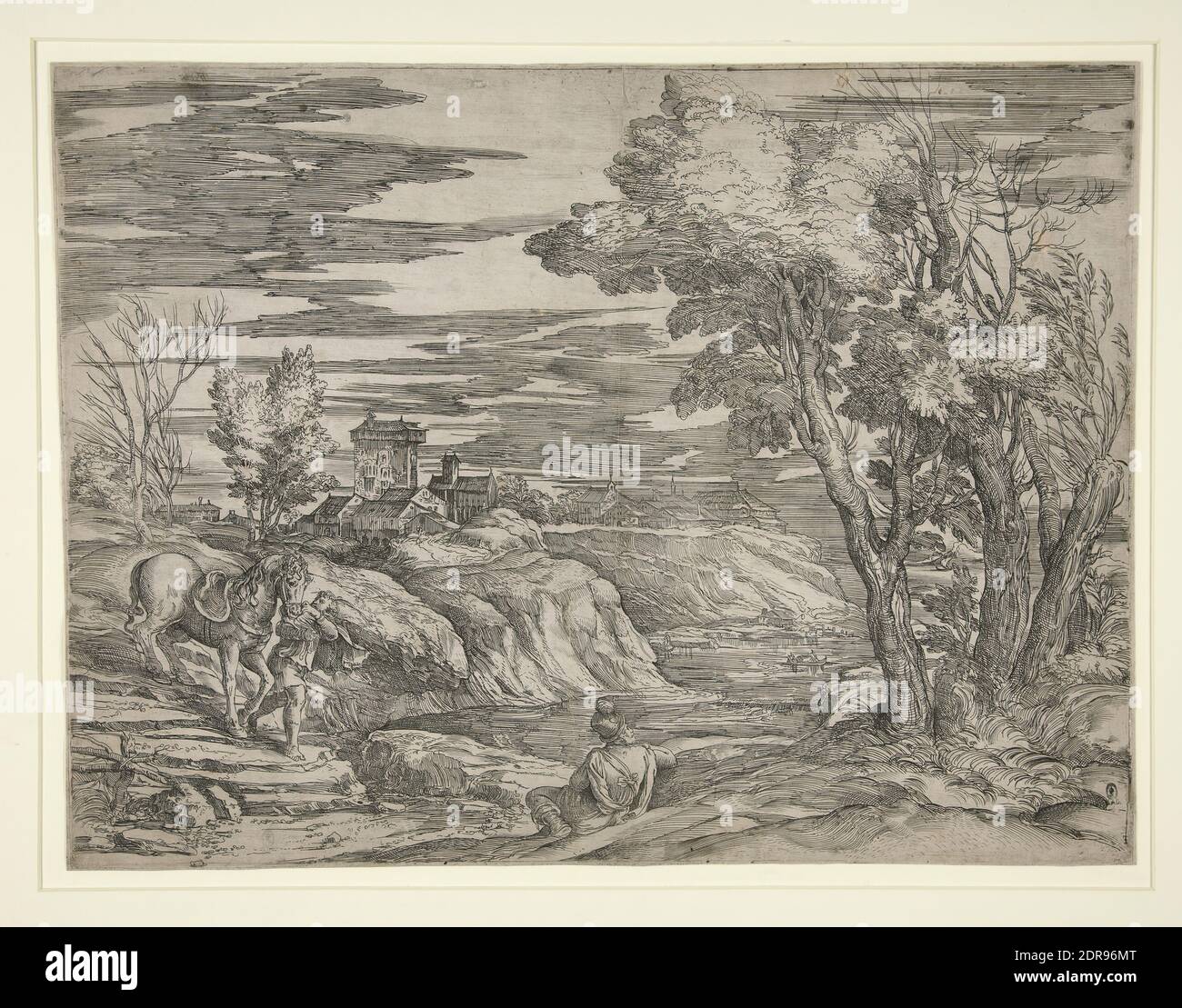 Dopo: Tiziano (Tiziano Vecellio), italiano, Venezia, ca. 1488–1576, etcher precedentemente attribuito a: Giovanni Battista Franco (chiamato il Semolei), 1498(?)–1561, paesaggio fluviale con un ragazzo che guida un cavallo, un uomo seduto in primo piano, incisione, platemark: 33.3 × 44.5 cm (13 1/8 × 17 1/2 in.); foglio: 33.6 × 45.2 cm (13 1/4 × 17 13/16 in.), Made in Italy, Italiano, XVI secolo, opere su carta - stampe Foto Stock