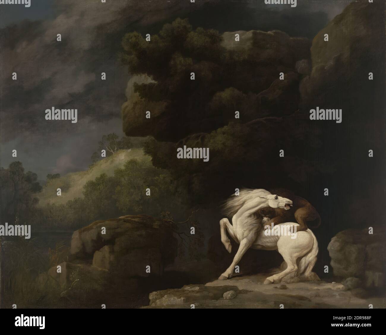 Artista: George Stubbs, britannico, 1724–1806, UN leone che attacca un cavallo, olio su tela, incorniciato: 119.4 × 144.8 cm (47 × 57 in.), in vista, britannico, 18 ° secolo, dipinti Foto Stock