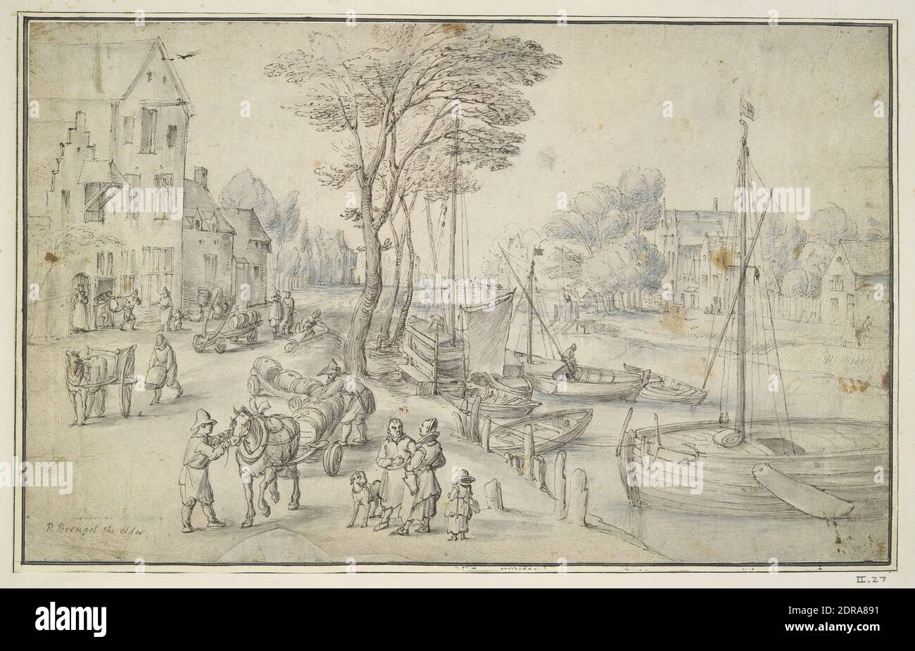 Dopo: Jan Brueghel il Vecchio, Fiammingo, 1568–1625, Village Wharf, penna e inchiostro marrone e pennello e inchiostro blu e lavaggio grigio, foglio: 19.7 × 31.7 cm (7 3/4 × 12 1/2 pollici), Made in Fiandre, Fiammingo, 17 ° secolo, opere su carta - disegni e acquerelli Foto Stock