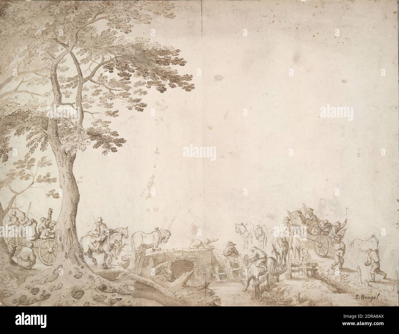 Dopo: Jan Brueghel il Vecchio, Fiammingo, 1568–1625, Peasant outing, penna e inchiostro marrone e lavaggio marrone su disegno preliminare in gesso nero, foglio: 30.6 × 39.9 cm (12 1/16 × 15 11/16 in.), Made in Fiandre, Fiandre, 17 ° secolo, opere su carta - disegni e acquerelli Foto Stock