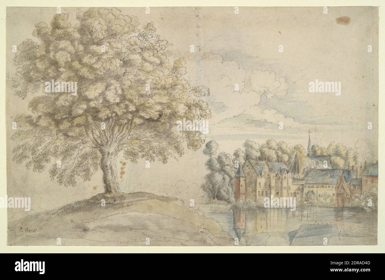 Artista, scuola di: Jan Brueghel il Vecchio, Fiammingo, 1568–1625, Abbazia di Groenedael vicino Bruxelles, 17 ° secolo, inchiostro penna e marrone e acquerello su gesso nero, foglio: 18 × 28 cm (7 1/16 × 11 pollici), Made in Fiandre, Fiandre, 17 ° secolo, opere su carta - disegni e acquerelli Foto Stock