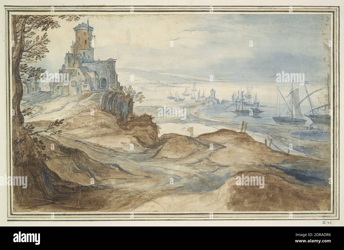 Artista, scuola di: Jan Brueghel il Vecchio, Fiammingo, 1568–1625, Castello sul Seashore, 17 ° secolo, inchiostro penna e marrone e pennello e inchiostro marrone e blu e lavaggio blu, foglio: 19.3 × 31.1 cm (7 5/8 × 12 1/4 pollici), Made in Fiandre, Fiandre, 17 ° secolo, opere su carta - disegni e acquerelli Foto Stock