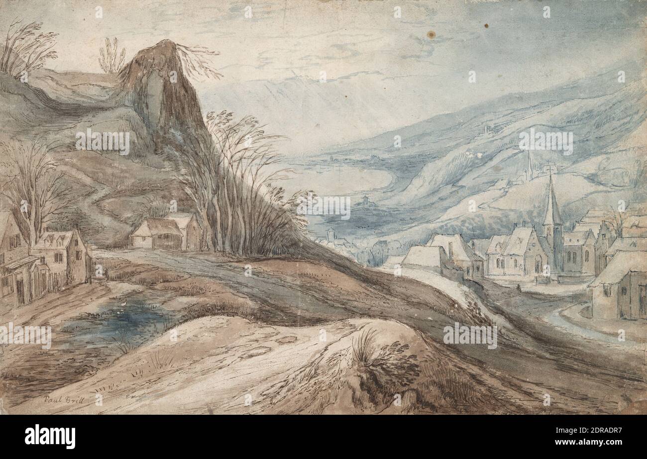 Artista, scuola di: Jan Brueghel il Vecchio, Fiammingo, 1568–1625, paesaggio montano con Village in Valley e Vista distante, 17 ° secolo, inchiostro penna e marrone e pennello e inchiostro blu e lavaggio blu e marrone, foglio: 20 × 31.1 cm (7 7/8 × 12 1/4 in.), Made in Fiandre, Fiandre, 17 ° secolo, opere su carta - disegni e acquerelli Foto Stock
