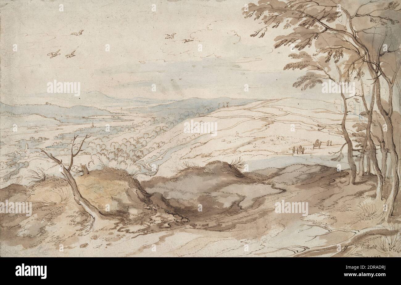 Artista: Jan Brueghel il Vecchio, Fiammingo, 1568–1625, paesaggio montano con vista su una valle, penna e inchiostro marrone e lavaggio marrone e blu su disegno preliminare in gesso nero, foglio: 19.5 × 30.2 cm (7 11/16 × 11 7/8 in.), Made in Fiandre, Fiandre, XVII secolo, opere su carta - disegni e acquerelli, stampe e disegni Foto Stock
