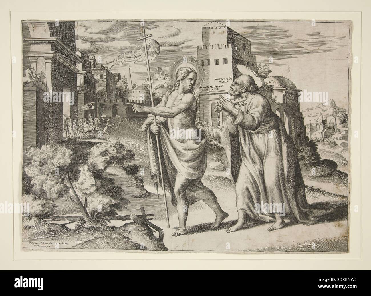 Incisore: Giulio di Antonio Bonasone, italiano, ca. 1510–dopo il 1576, dopo: Raffaello, Italiano, 1483–1520, Domine quo Vadis, metà XVI secolo, incisione, foglio: 26 × 36.7 cm (10 1/4 × 14 7/16 in.), Made in Italy, Italiano, XVI secolo, opere su carta - stampe Foto Stock
