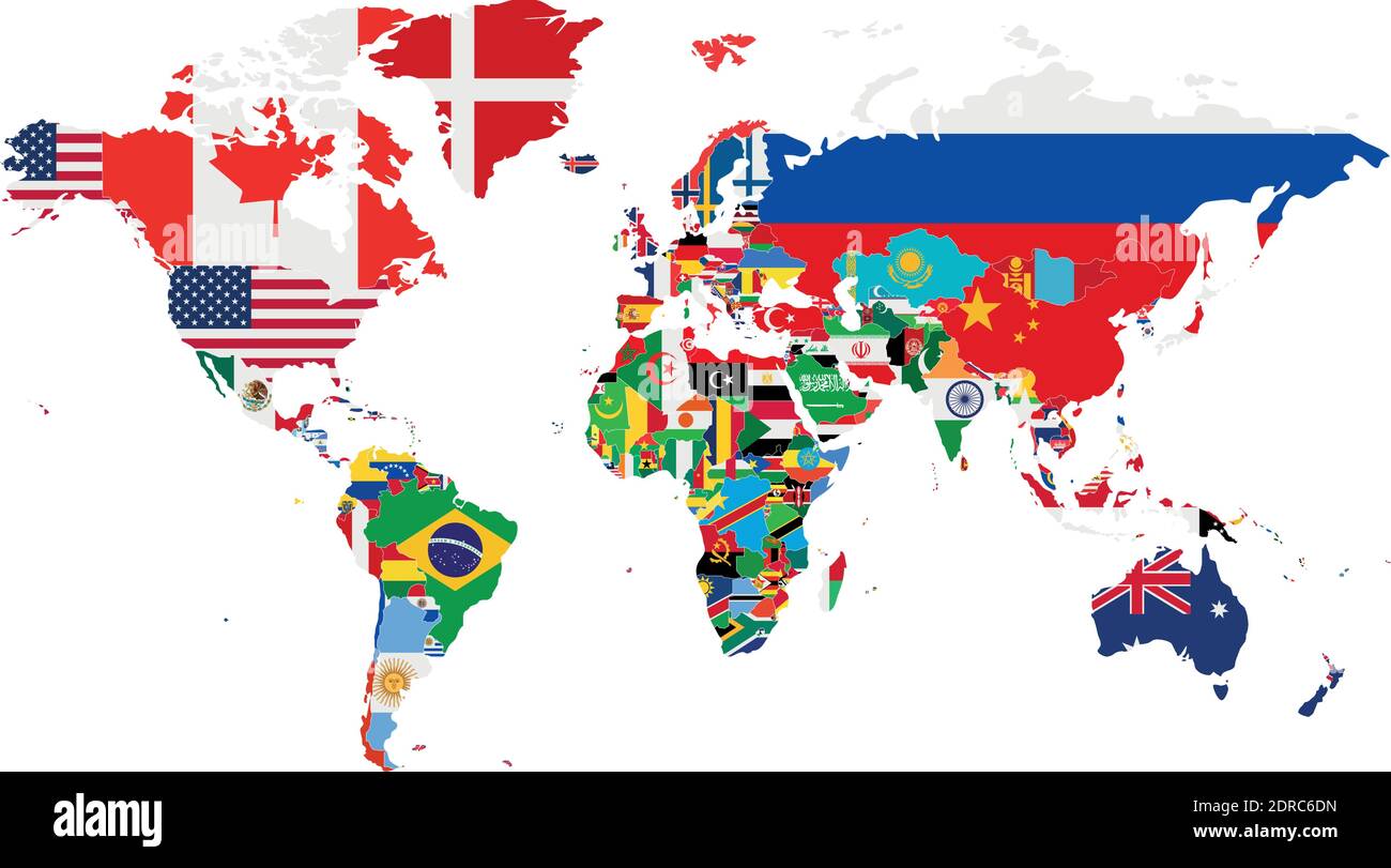 Illustrazione del vettore politico della carta mondiale con le bandiere di tutti i paesi. Livelli modificabili ed etichettati in modo chiaro. Illustrazione Vettoriale