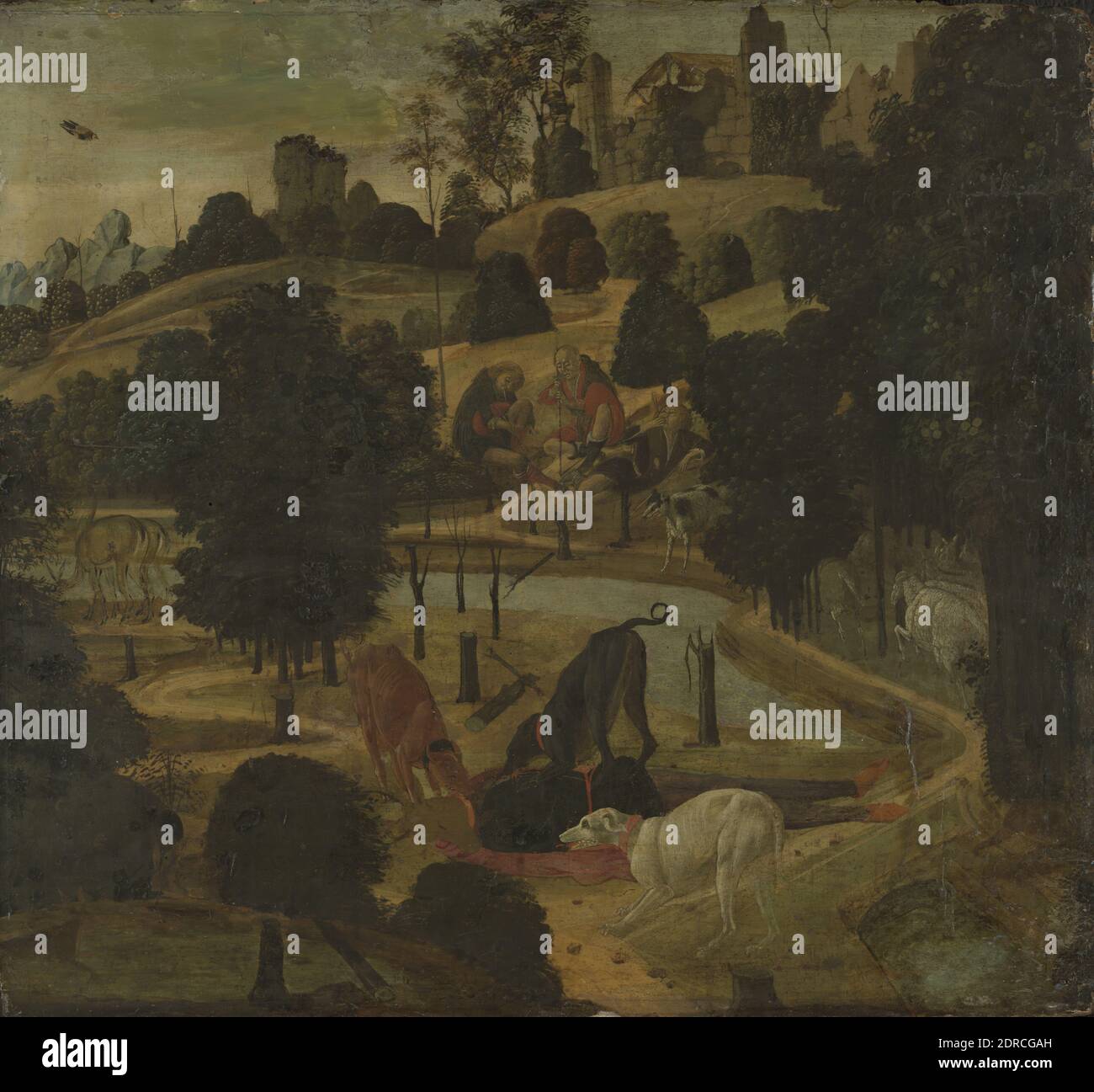 Artista: Jacopo del Sellaio, Italiano, Firenze, ca. 1441–1498, la morte di Actaeon, Tempera su pannello, H 21 3/4 poll. (55.2 cm) W 23 5/8 poll. (59.5 cm), Quaresima di Philip Allen, B. A. 1961, M. Arch 1964, ILE1952.4.1 , realizzata a Firenze, Italia, Italia, Firenze, XV secolo, dipinti Foto Stock